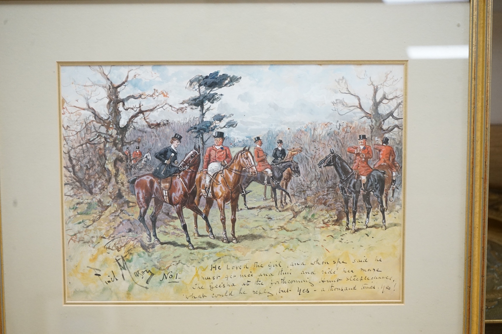 George Finch Mason (1850-1915), ‘Alas! At the Second Fence the Geisha Refused’, ‘The Last Hurdle, Come Along, Geisha!’ and one other, each signed and inscribed, set of three watercolours, 24 x 34cm